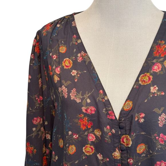 Lucky Brand Modal Button Top Womens Medium Dusty Blue Floral V-Neck Boho Blouse - Picture 3 of 10